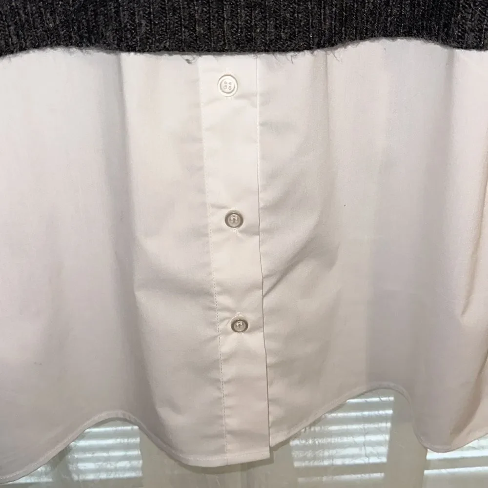 Halston M Charcoal Gray White Cotton Shirt Combo Knit Mock Neck Sweater